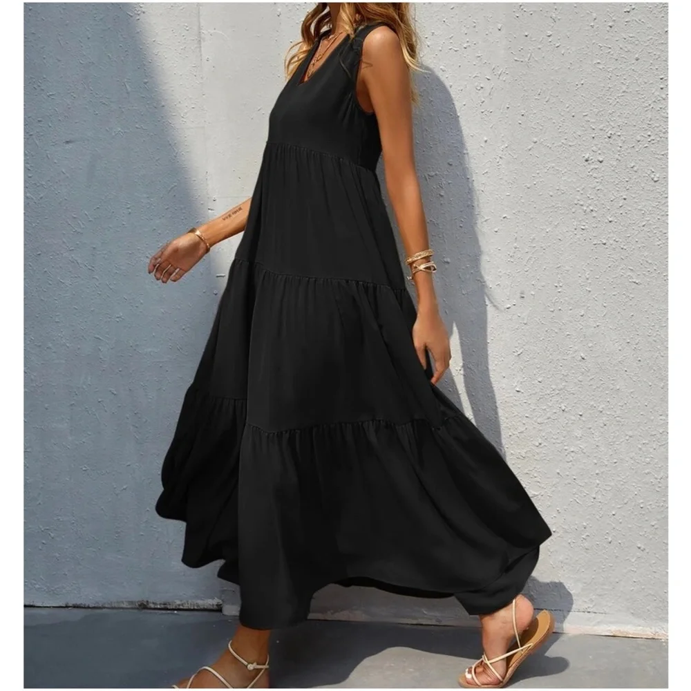 Boho Royal Blue Sleeveless Ruffle maxi Dress - Picture 4 of 14